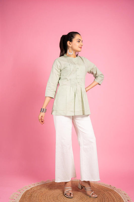 Ekisha's women designer light pista hand work cotton tunic top short kurti - Ekisha