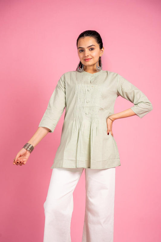 Ekisha's women designer light pista hand work cotton tunic top short kurti - Ekisha