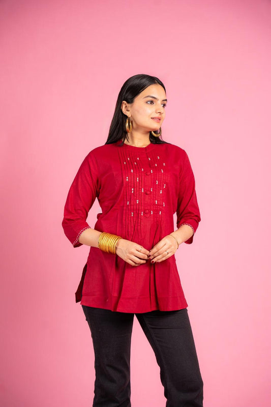 Ekisha's women designer maroon hand work cotton tunic top short kurti - Ekisha