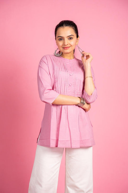 Ekisha's women designer pink hand work cotton tunic top short kurti - Ekisha