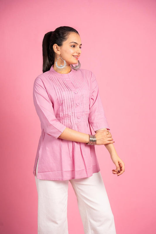 Ekisha's women designer pink hand work cotton tunic top short kurti - Ekisha