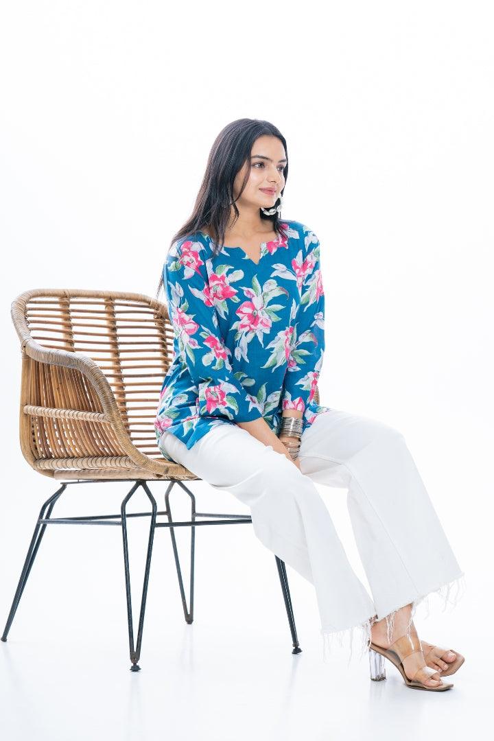 Ekisha's women everyday blue multicolor printed cotton tunic top short kurti - Ekisha