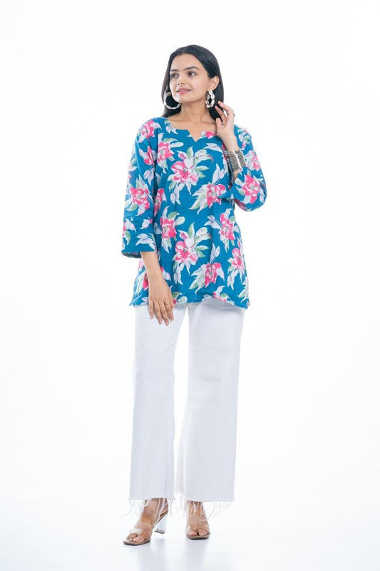 Ekisha's women everyday blue multicolor printed cotton tunic top short kurti - Ekisha