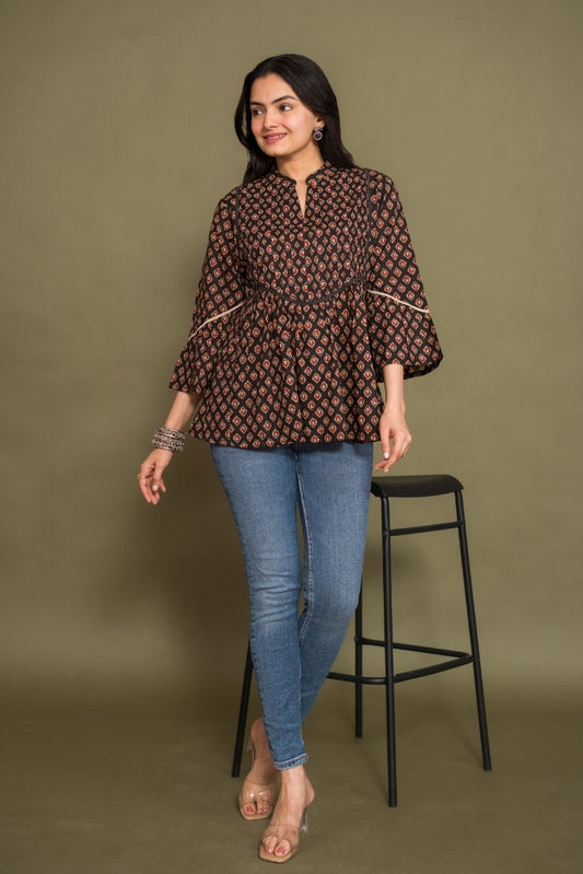 Ekisha's women floral black designer cotton tunic top short kurti, front view 3