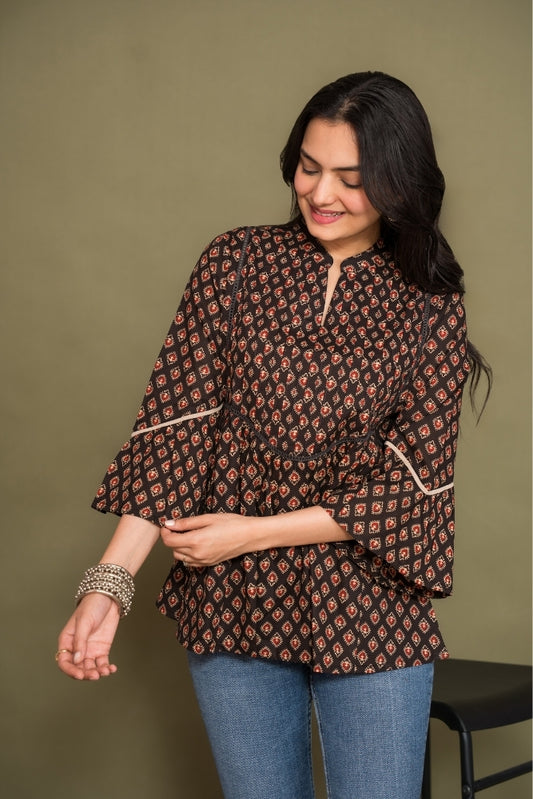 Ekisha's women floral black designer cotton tunic top short kurti, front view 2