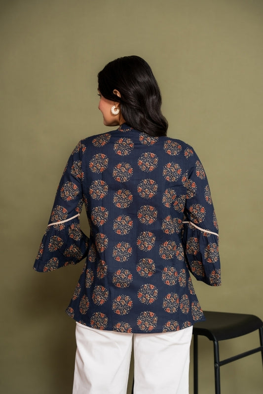 Ekisha's women floral navy designer cotton tunic top short kurti, back view