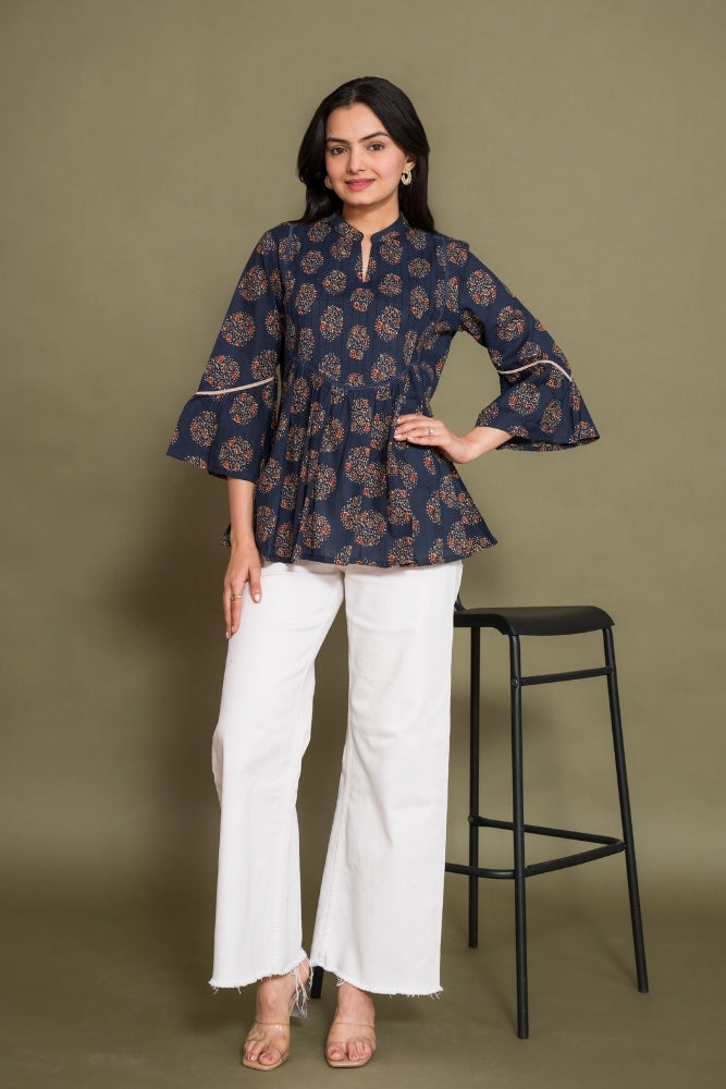 Ekisha's women floral navy designer cotton tunic top short kurti, front view 3