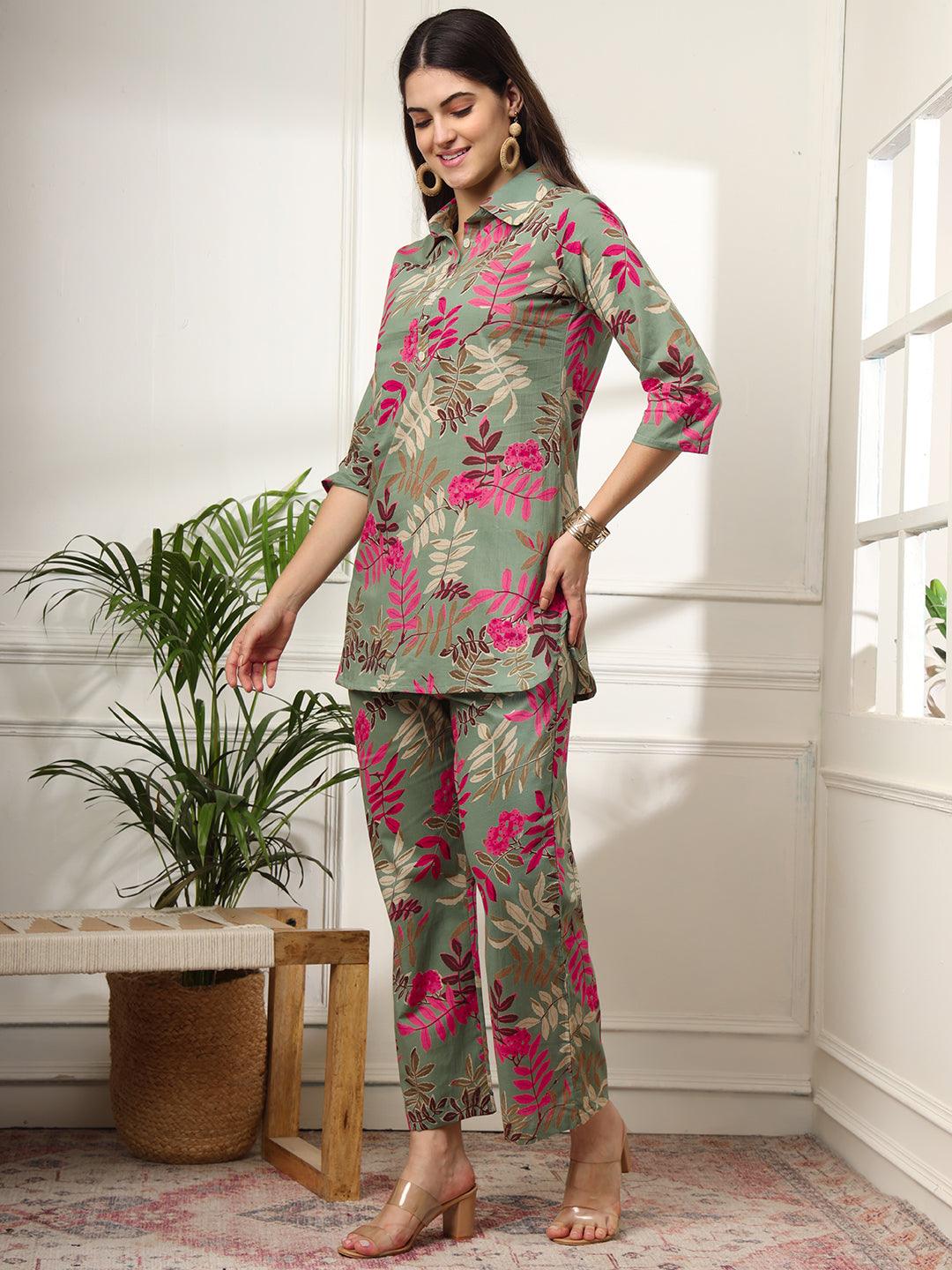 Ekisha's women green designer multicolor floral printed cotton co-ord set lounge wear 