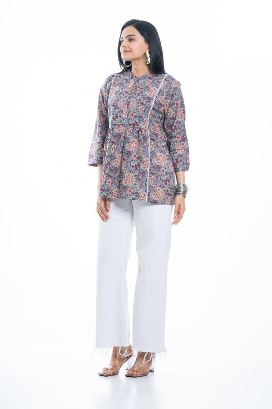 Ekisha's women green multicolor designer floral printed cotton tunic top short kurti - Ekisha
