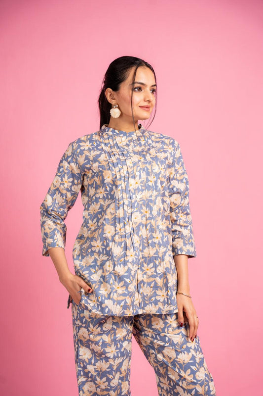 Ekisha's women grey multicolor floral printed cotton co-ord set lounge wear - Ekisha
