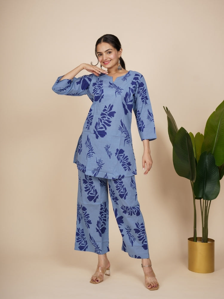 Ekisha's women light blue floral printed cotton co-ord set lounge wear, front view 4