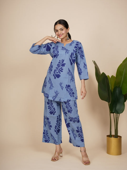 Ekisha's women light blue floral printed cotton co-ord set lounge wear, front view 4