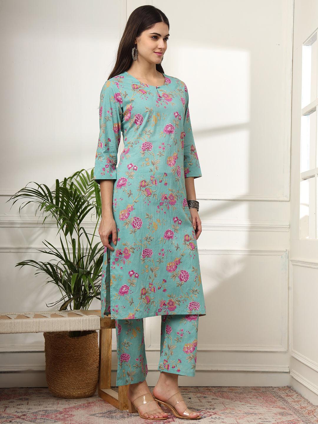 Ekisha's women light green multicolor floral printed cotton co-ord set kurta set - Ekisha