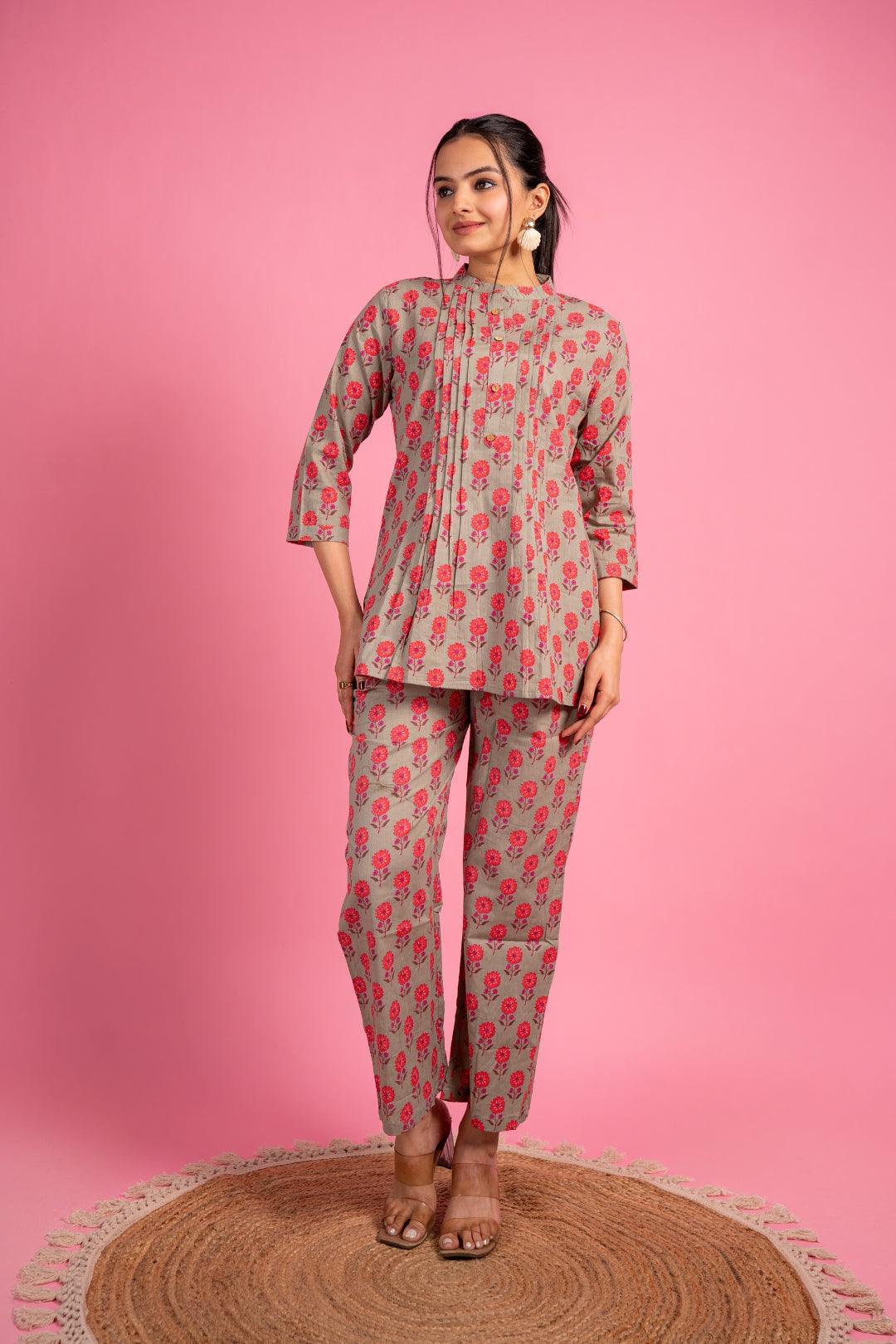 Ekisha's women light green multicolor floral printed cotton co-ord set lounge wear 