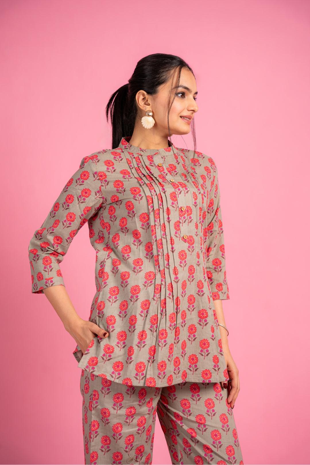 Ekisha's women light green multicolor floral printed cotton co-ord set lounge wear 