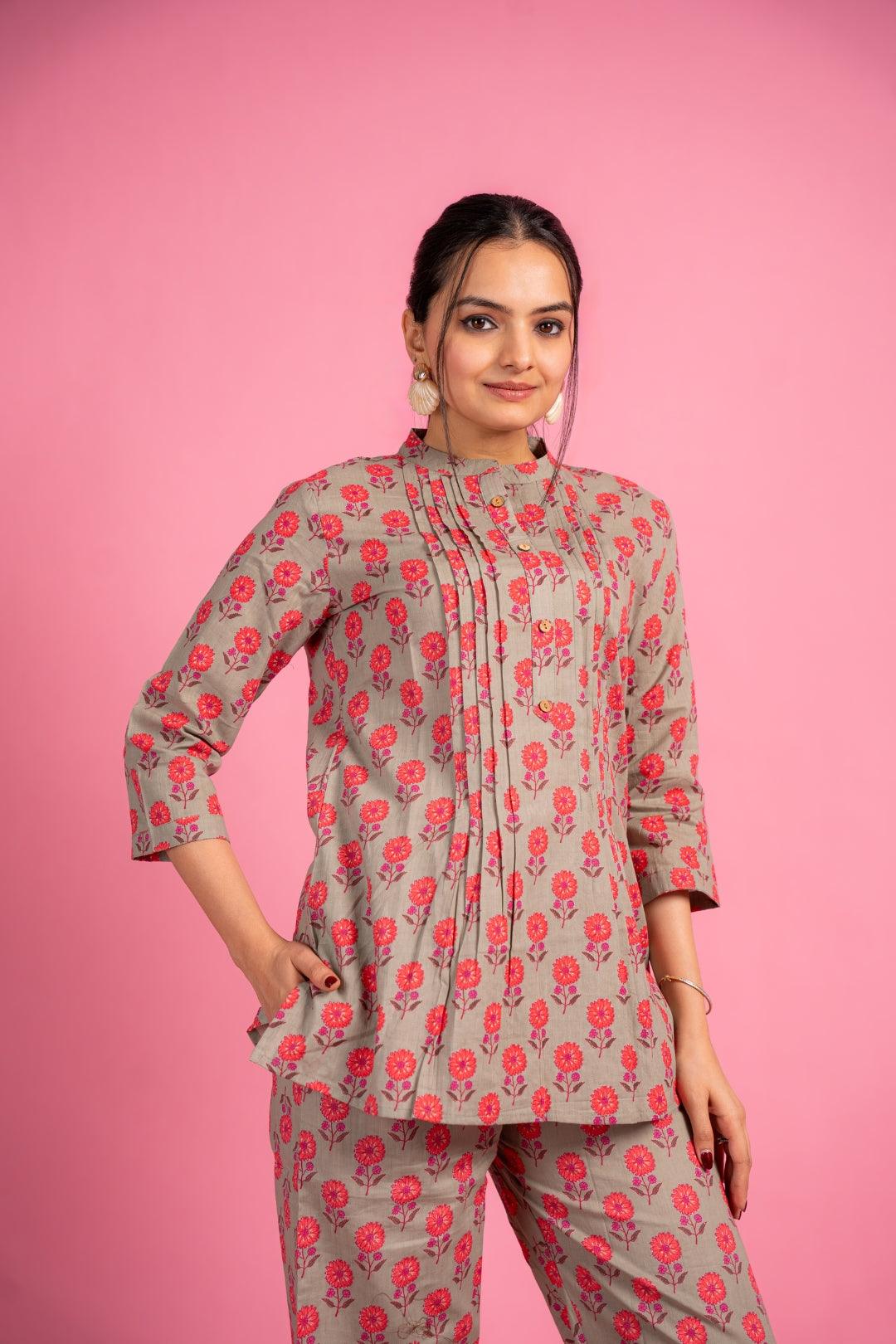 Ekisha's women light green multicolor floral printed cotton co-ord set lounge wear 