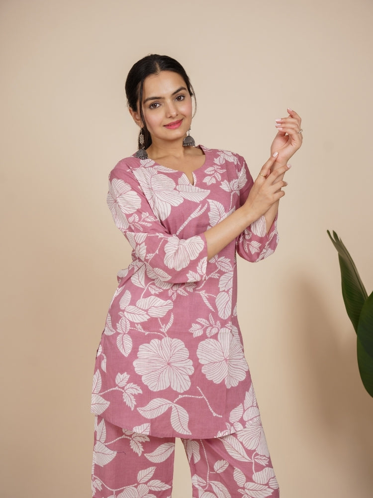 Ekisha's women light pink floral printed cotton co-ord set lounge wear, front view