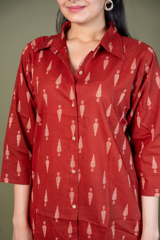 Ekisha's women maroon abstract printed cotton co-ord set lounge wear, detailed view