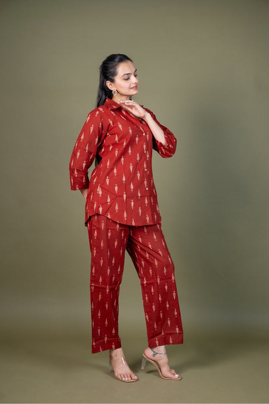 Ekisha's women maroon abstract printed cotton co-ord set lounge wear, side view