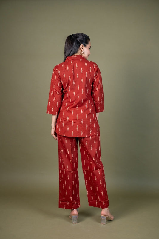 Ekisha's women maroon abstract printed cotton co-ord set lounge wear, back view