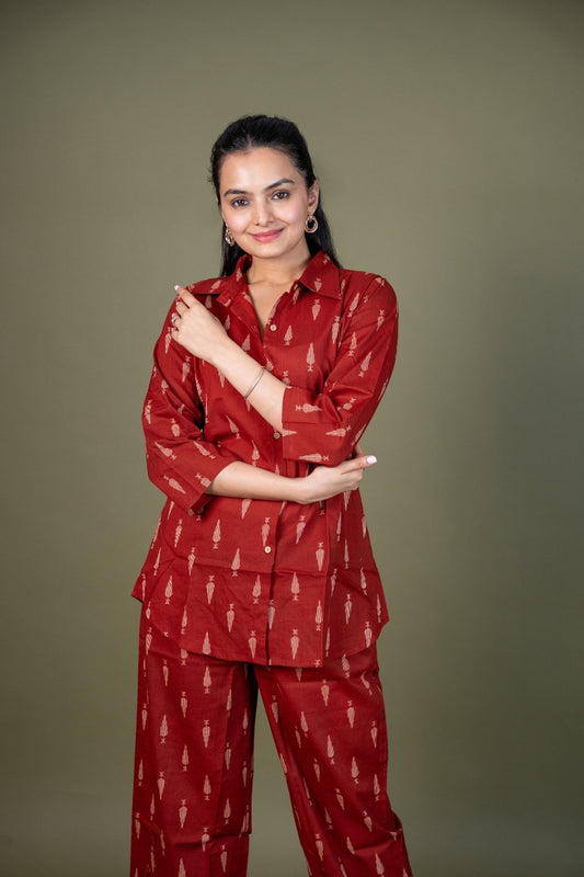 Ekisha's women maroon abstract printed cotton co-ord set lounge wear, front view 2