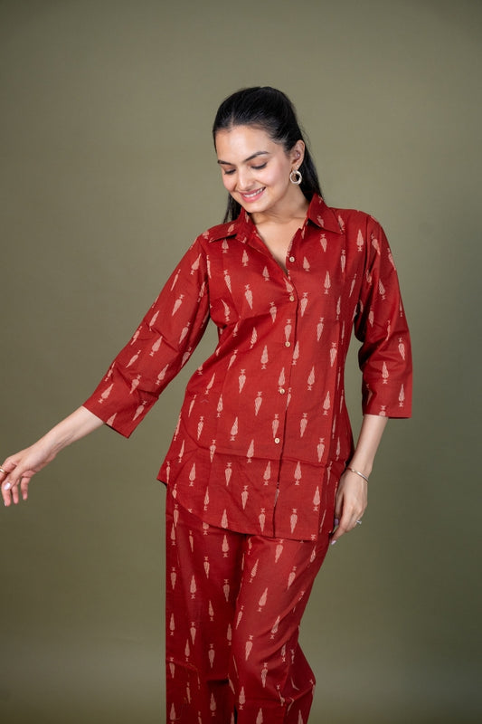 Ekisha's women maroon abstract printed cotton co-ord set lounge wear, front view 3