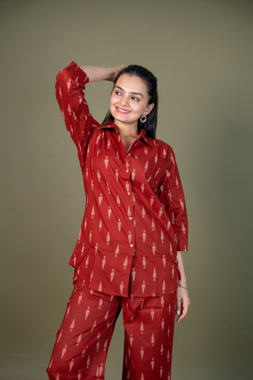 Ekisha's women maroon abstract printed cotton co-ord set lounge wear, front view 4