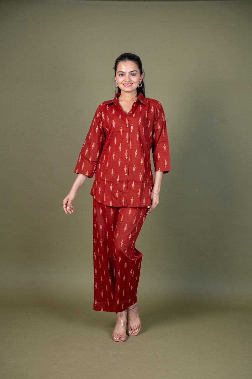 Ekisha's women maroon abstract printed cotton co-ord set lounge wear, front view 5
