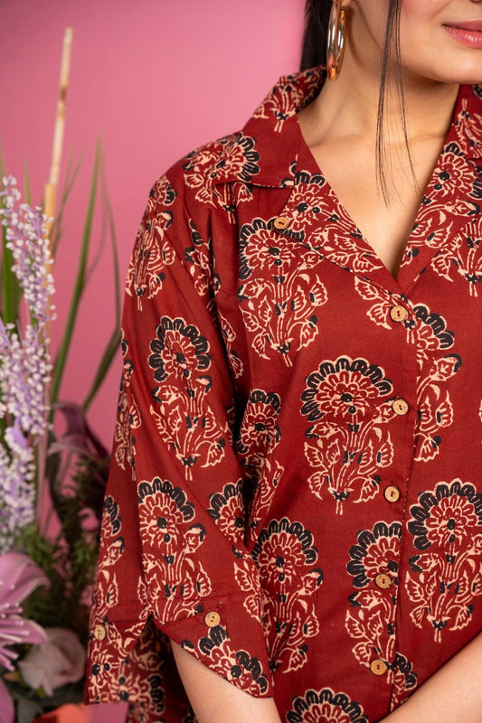 Ekisha's women maroon ajrak multicolor floral printed cotton co-ord set lounge wear - Ekisha