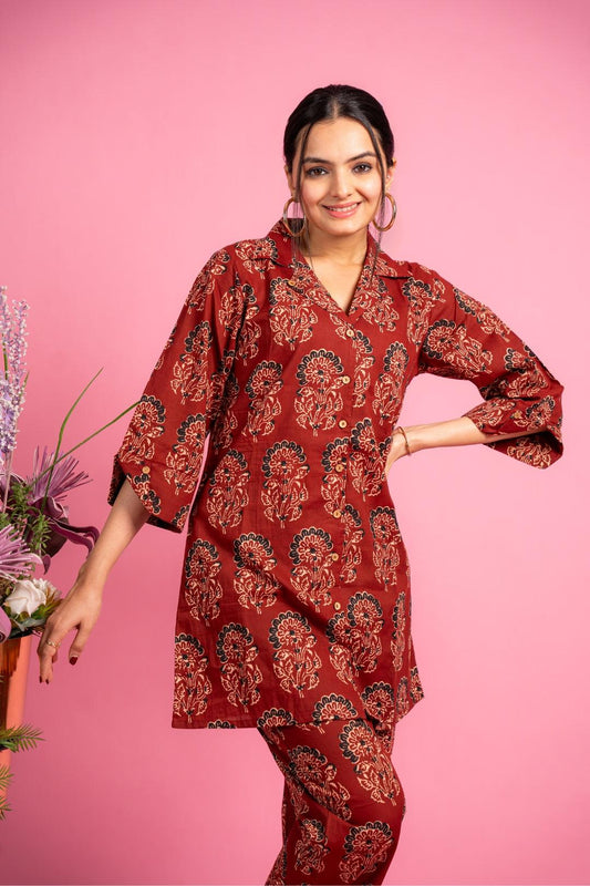 Ekisha's women maroon ajrak multicolor floral printed cotton co-ord set lounge wear - Ekisha