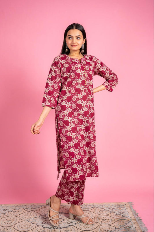Ekisha's women maroon beautiful floral printed cotton co-ord set kurta set