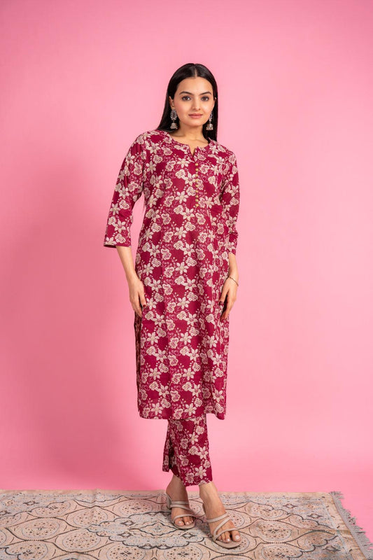 Ekisha's women maroon beautiful floral printed cotton co-ord set kurta set 