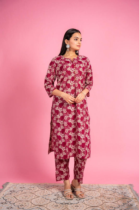 Ekisha's women maroon beautiful floral printed cotton co-ord set kurta set