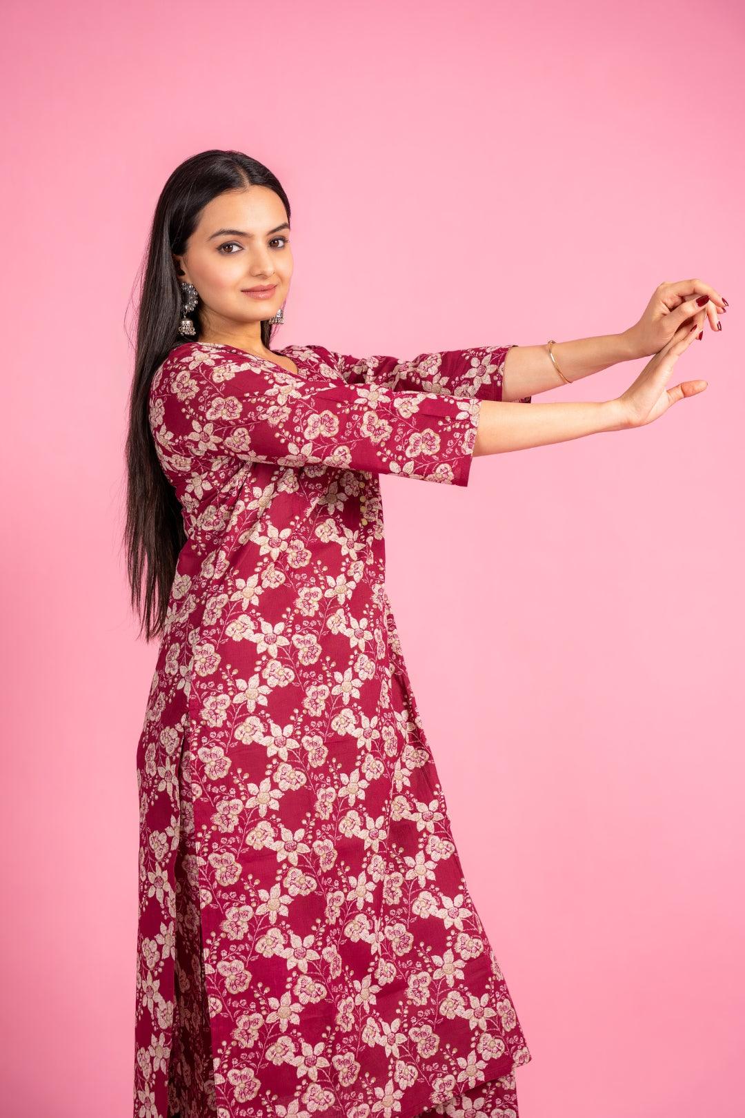 Ekisha's women maroon beautiful floral printed cotton co-ord set kurta set