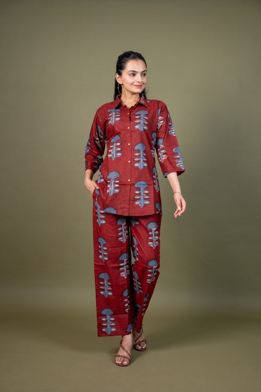 Ekisha's women maroon designer abstract printed cotton co-ord set lounge wear, front view