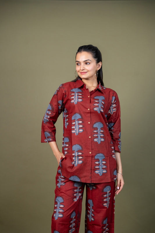 Ekisha's women maroon designer abstract printed cotton co-ord set lounge wear, front view 2