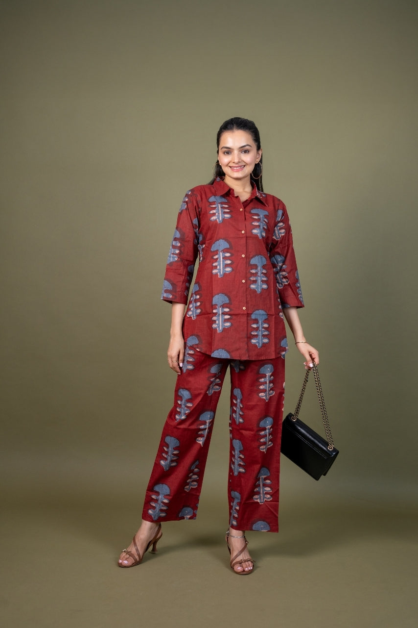 Ekisha's women maroon designer abstract printed cotton co-ord set lounge wear, front view 3