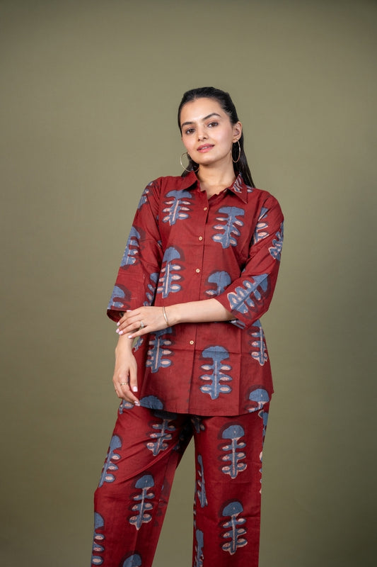 Ekisha's women maroon designer abstract printed cotton co-ord set lounge wear, front view 5