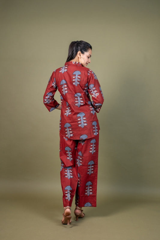 Ekisha's women maroon designer abstract printed cotton co-ord set lounge wear, back view