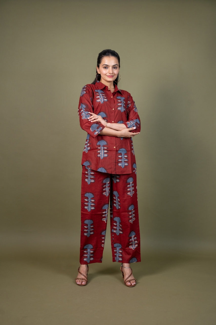 Ekisha's women maroon designer abstract printed cotton co-ord set lounge wear, front view 6