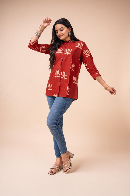 Ekisha's women maroon designer printed cotton tunic top short kurti - Ekisha