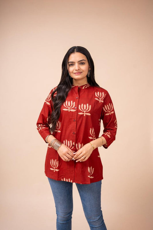 Ekisha's women maroon designer printed cotton tunic top short kurti - Ekisha