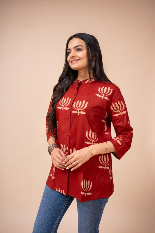 Ekisha's women maroon designer printed cotton tunic top short kurti - Ekisha