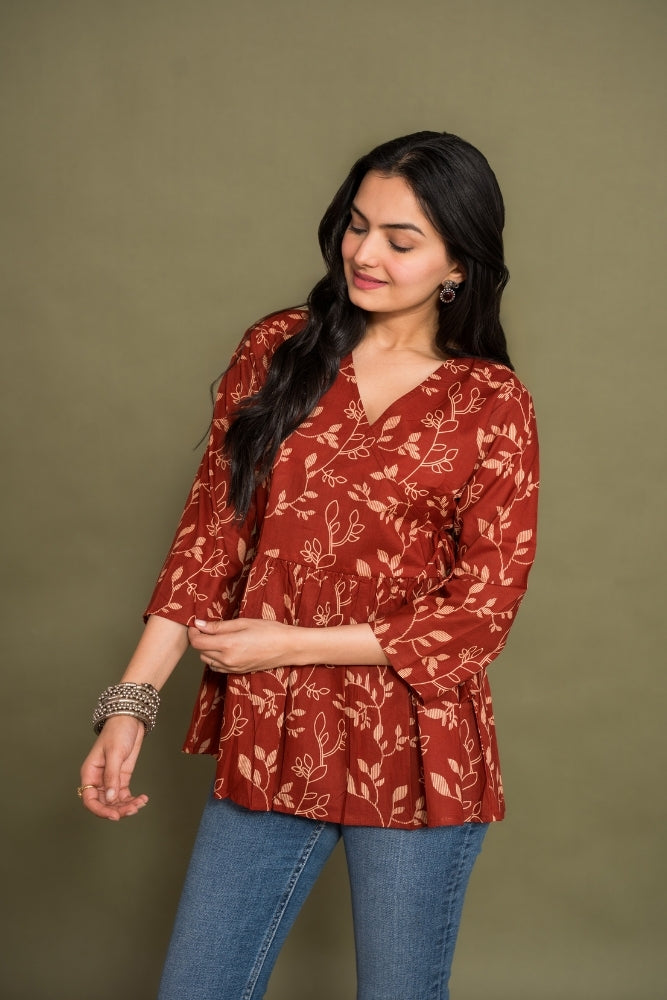 Ekisha's women maroon floral angrakha printed cotton tunic top short kurti, front view