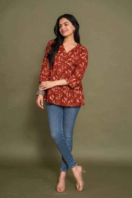 Ekisha's women maroon floral angrakha printed cotton tunic top short kurti, front view 2