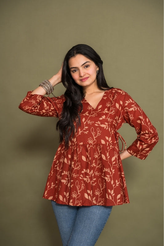 Ekisha's women maroon floral angrakha printed cotton tunic top short kurti, front view 4