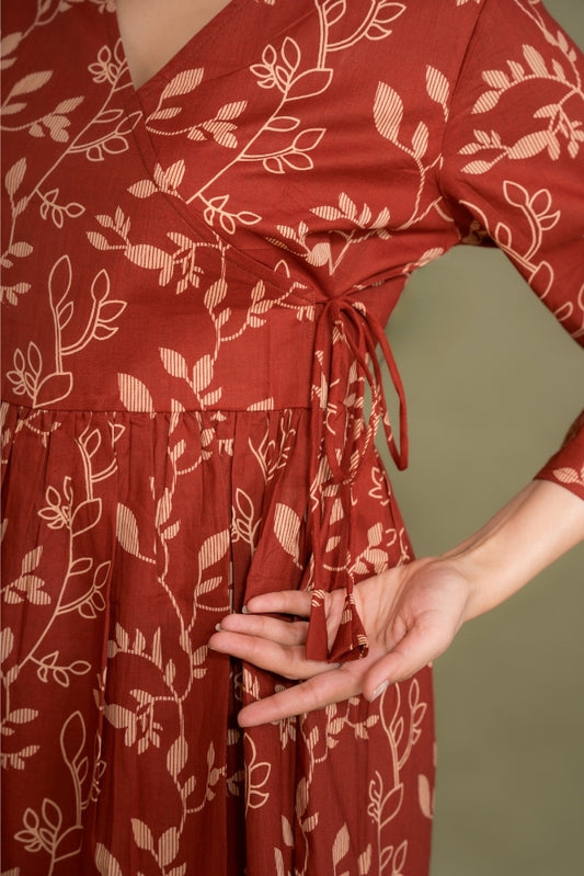 Ekisha's women maroon floral angrakha printed cotton tunic top short kurti, detailed view