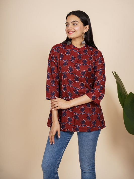 Ekisha's women maroon floral designer cotton printed tunic top short kurti, side view