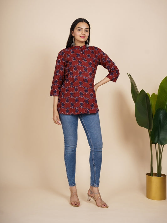 Ekisha's women maroon floral designer cotton printed tunic top short kurti, front view