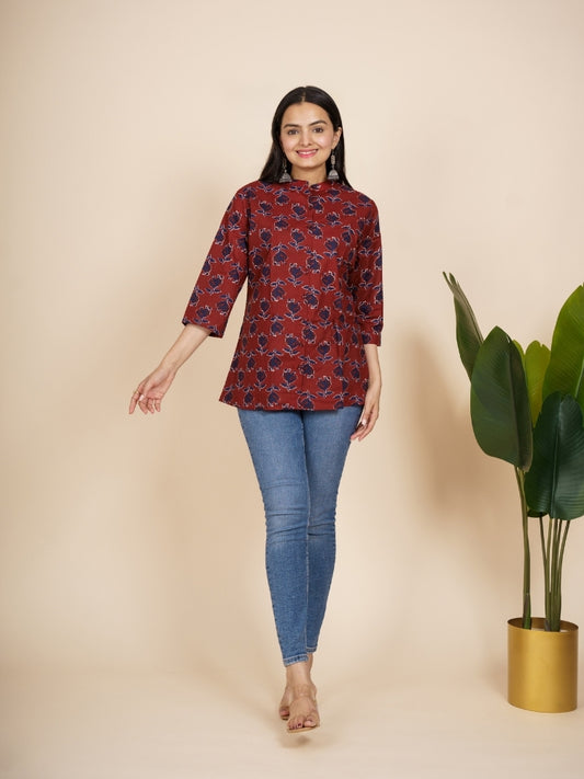 Ekisha's women maroon floral designer cotton printed tunic top short kurti, front view 2